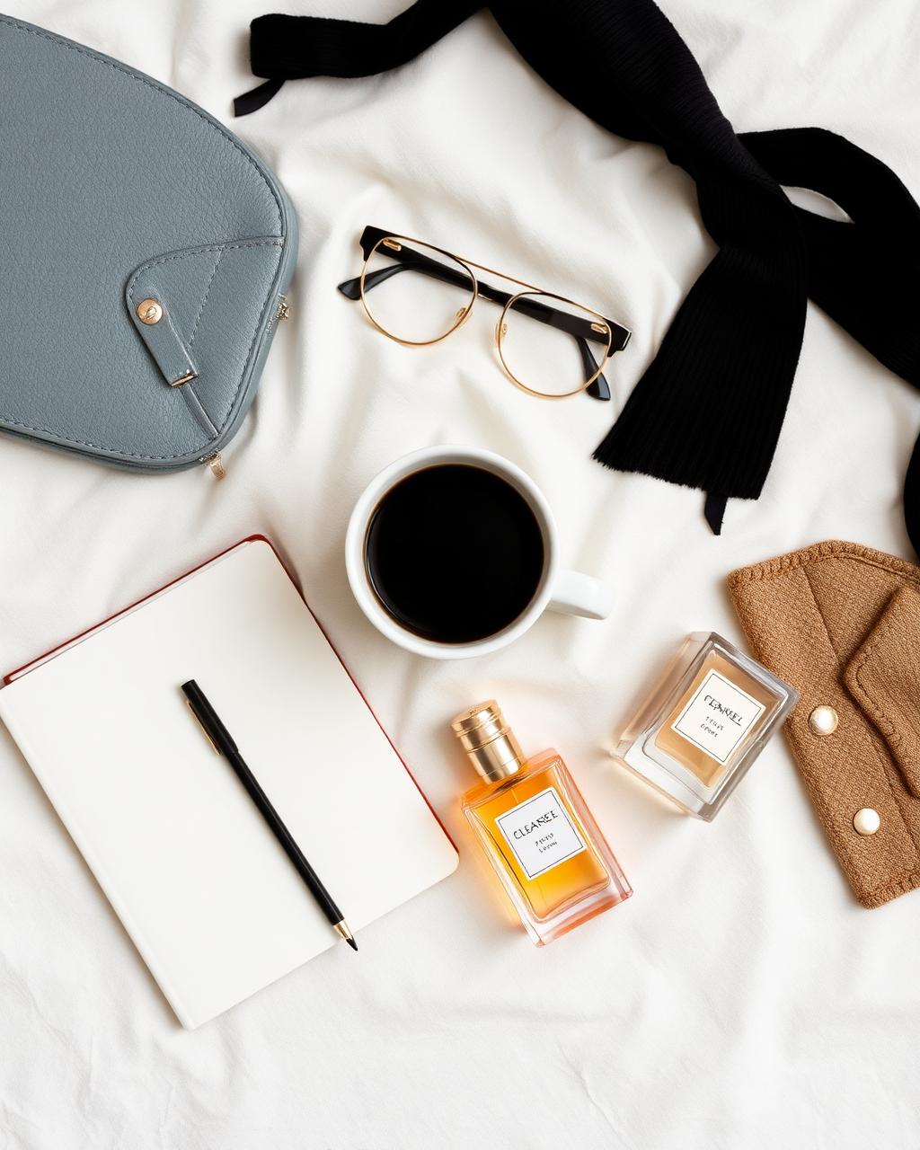Luxury mood board of fashion, coffee, a notebook and a Fragrance Elixir perfume bottle